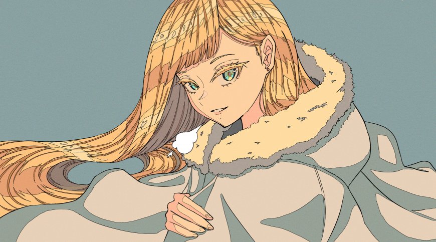 金发绿眸少女毛领大衣蓝灰背景动漫电脑壁纸