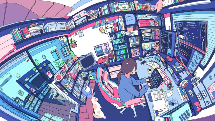程序员少女房间书架满墙蓝紫动漫电脑壁纸