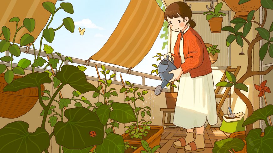 阳台绿植少女浇水温馨暖棕插画创意电脑壁纸