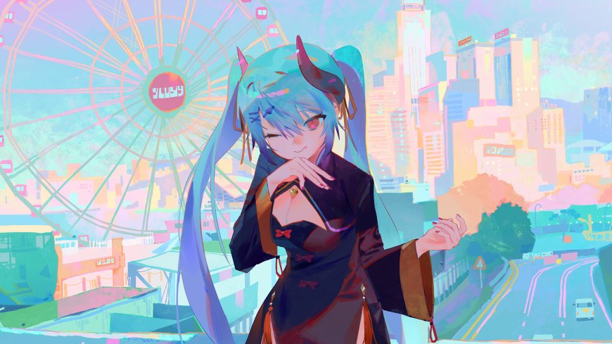 初音未来蓝发双马尾恶魔角少女姿态粉蓝梦幻动漫电脑壁纸