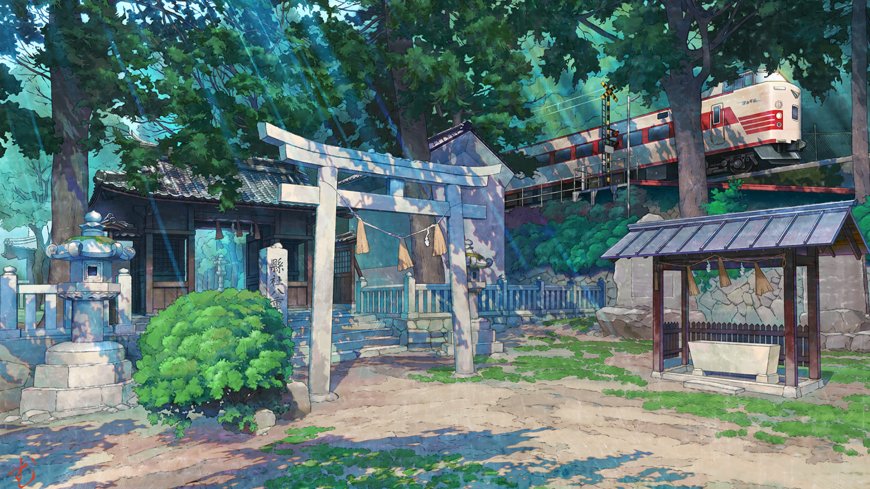 日本乡村神社绿树环绕电车穿行蓝绿清新动漫电脑壁纸
