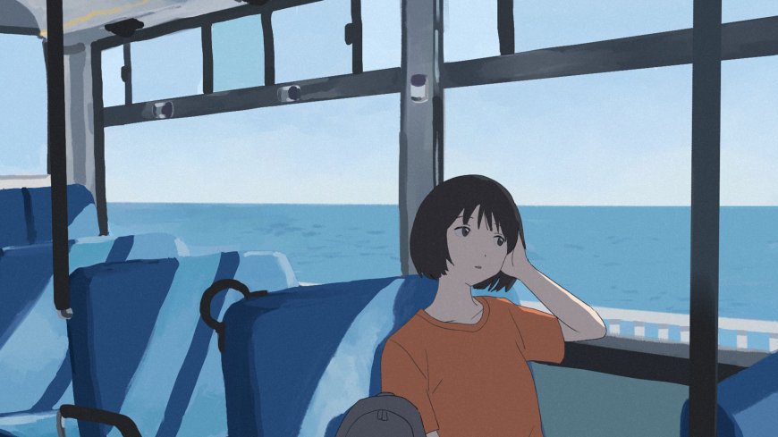 少女坐公交车望海蓝调动漫电脑壁纸