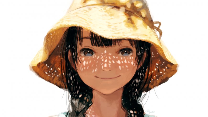 戴草帽黑发双辫少女阳光斑驳暖金动漫电脑壁纸
