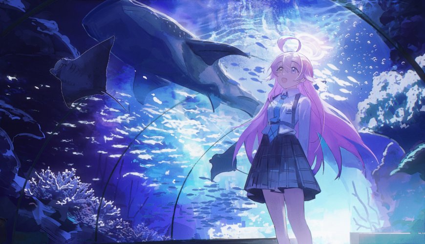 蔚蓝档案小鸟游星野粉发少女水族馆鲸鲨梦幻动漫电脑壁纸