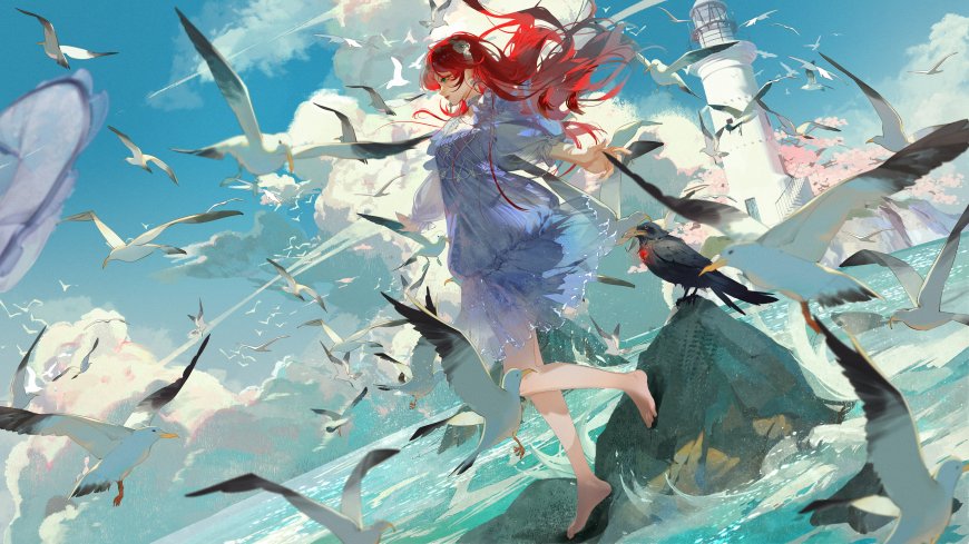 红发少女海鸥环绕灯塔礁石蓝白梦幻动漫电脑壁纸