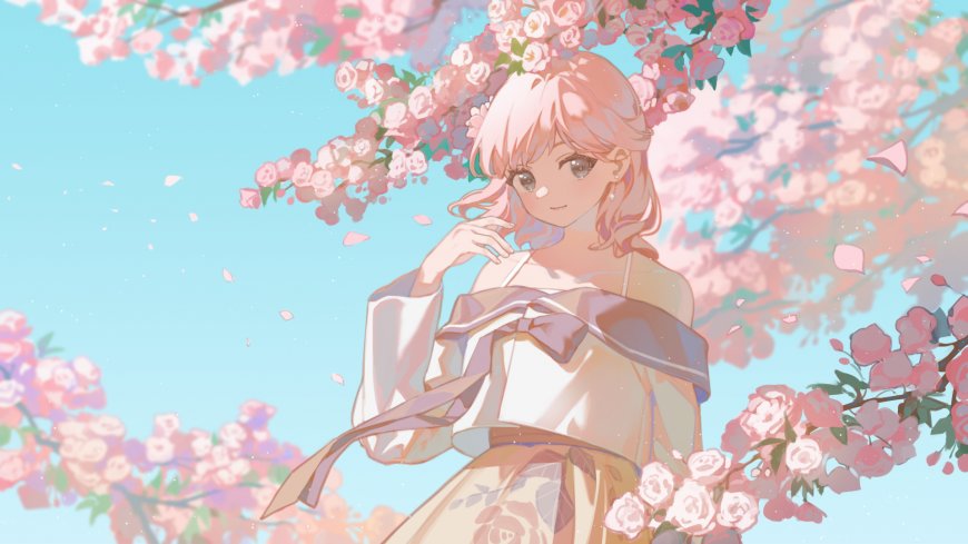 粉发少女樱花树下微笑粉紫唯美动漫电脑壁纸