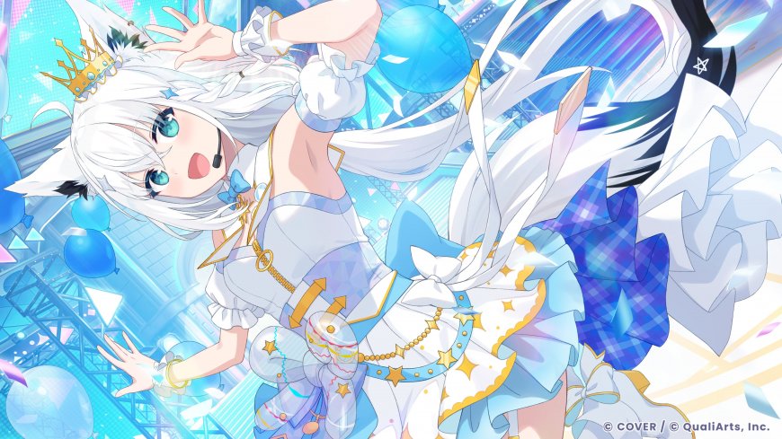 hololive白上吹雪白发兽耳狐耳蓝白礼裙舞台气球动漫电脑壁纸