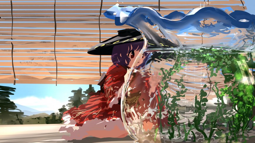 东方博丽灵梦红衣黑帽水波绿植蓝白动漫电脑壁纸