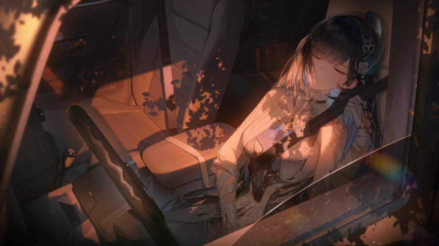 动漫少女车内休憩暖橙光影插画电脑壁纸