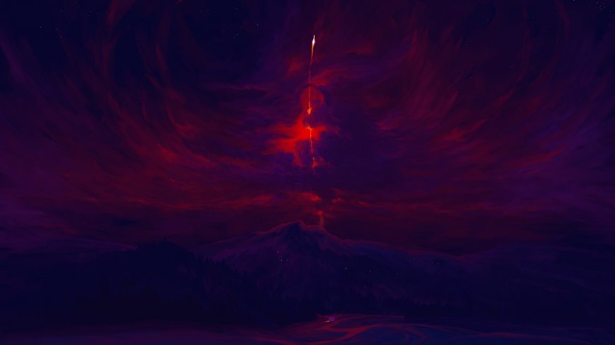 红紫魔幻风暴夜空与山脉闪电概念艺术绘画电脑壁纸