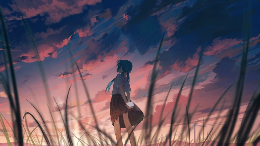 蓝发少女校服侧立草丛粉紫渐变天空动漫电脑壁纸