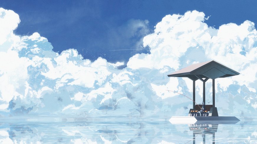 宁静湖面亭中垂钓少女蓝白清新动漫电脑壁纸