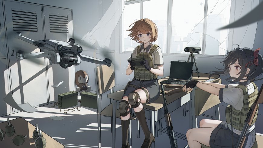 少女战术小队室内操作无人机灰蓝动漫电脑壁纸