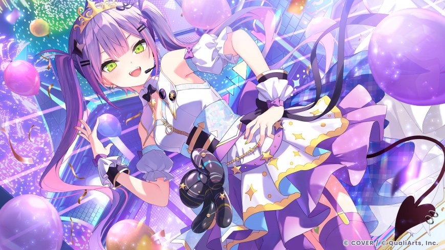 虚拟歌姬紫发绿眸少女庆典气球环绕粉紫梦幻动漫电脑壁纸