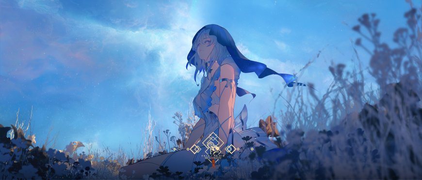 蓝发少女坐于野草丛中仰望星空蓝紫梦幻动漫电脑壁纸