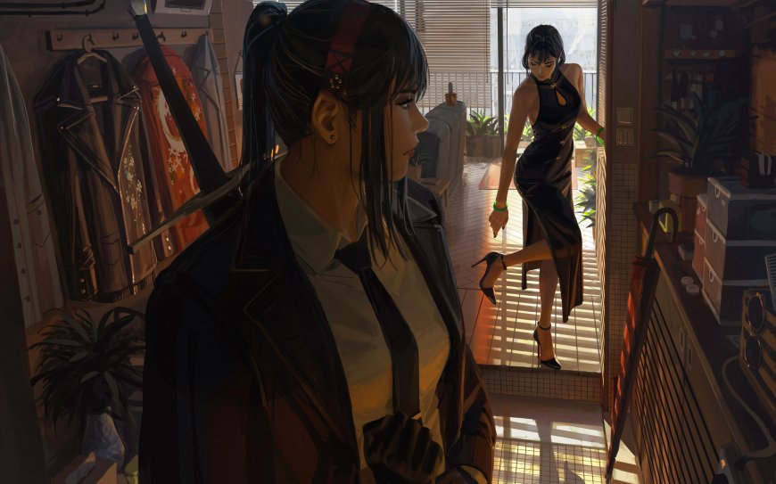 赛博朋克风格双女性角色室内对峙暖橙光影动漫电脑壁纸