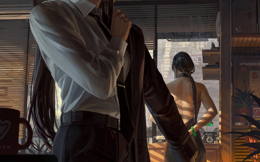办公室窗边长发男子整理西装与背影少女对望暖棕创意动漫电脑壁纸