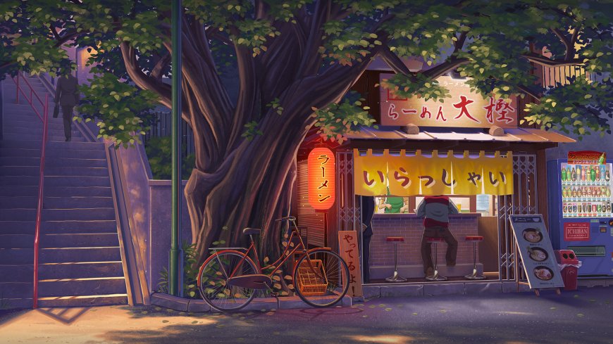 日式街角拉面店夜晚温馨场景插画动漫电脑壁纸