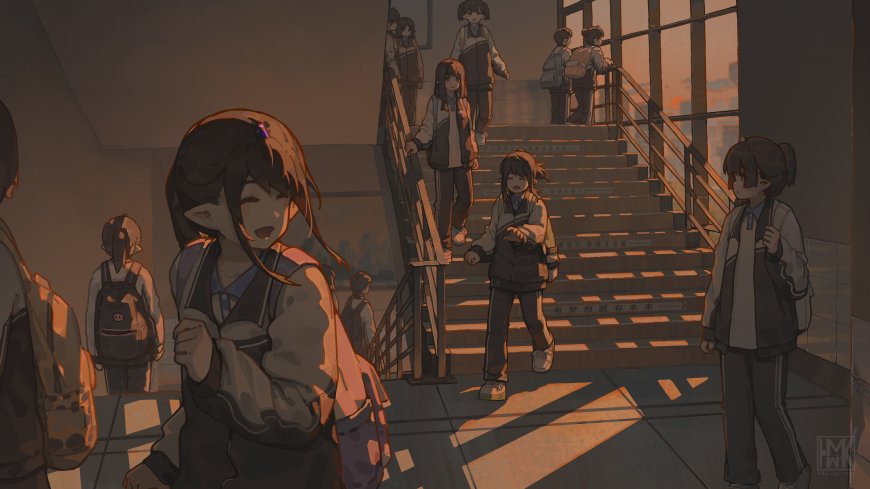 校园楼梯夕阳下少女群像暖橙动漫电脑壁纸