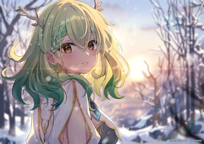 绿发少女雪林回眸暖金动漫电脑壁纸