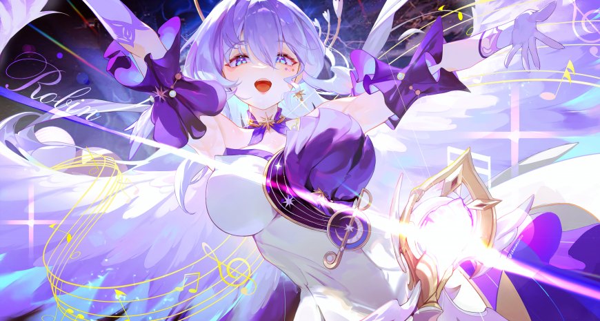 原神罗宾紫发少女持剑绽放音符紫白梦幻动漫电脑壁纸