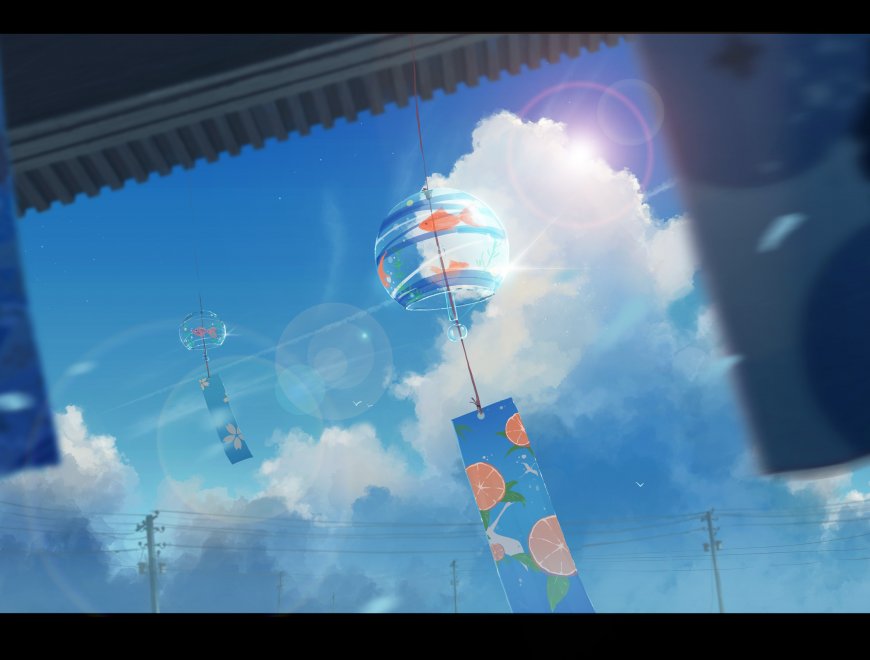 夏日晴空金鱼风铃蓝白清新动漫电脑壁纸