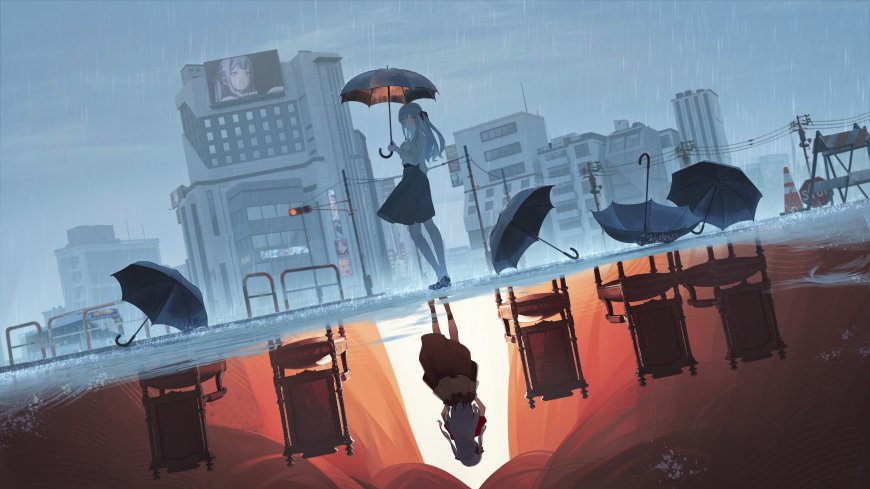 蓝发少女雨中撑伞城市街景倒影橙蓝动漫电脑壁纸