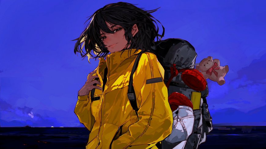 黑发少女黄雨衣背背包挂泰迪熊深蓝背景动漫电脑壁纸