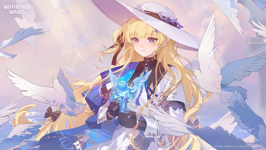 鸣潮金发宽帽少女白鸽环绕蓝色鸟形物品动漫电脑壁纸
