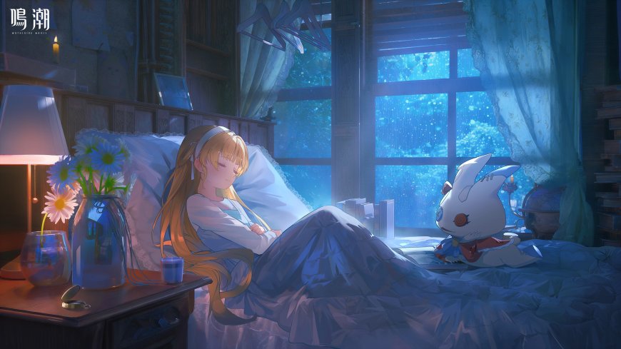 鸣潮金发少女床上睡觉白色声骸宠物夜景动漫电脑壁纸4
