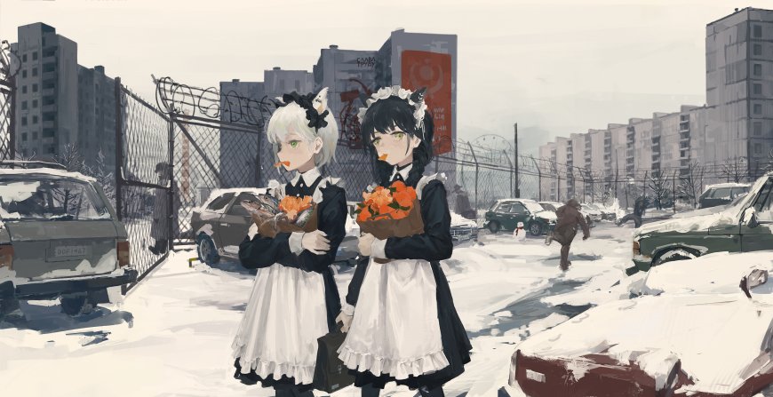 动漫少女双人雪景废墟城市灰白唯美插画电脑壁纸