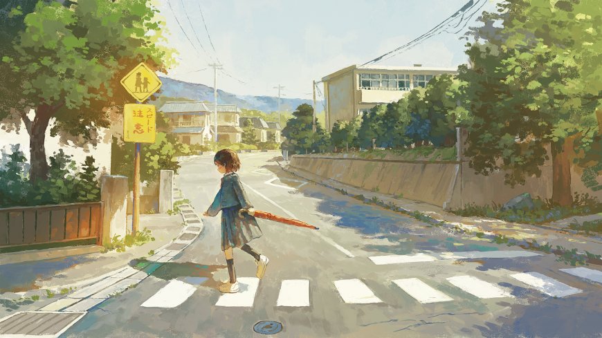 小女孩穿蓝裙持红伞过斑马线绿荫街道清新动漫电脑壁纸