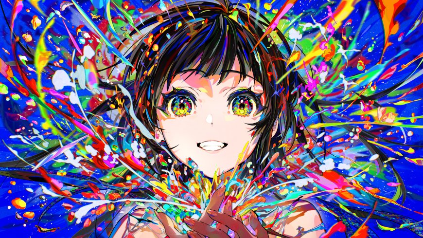 动漫少女彩色颜料飞溅蓝紫炫彩动漫电脑壁纸