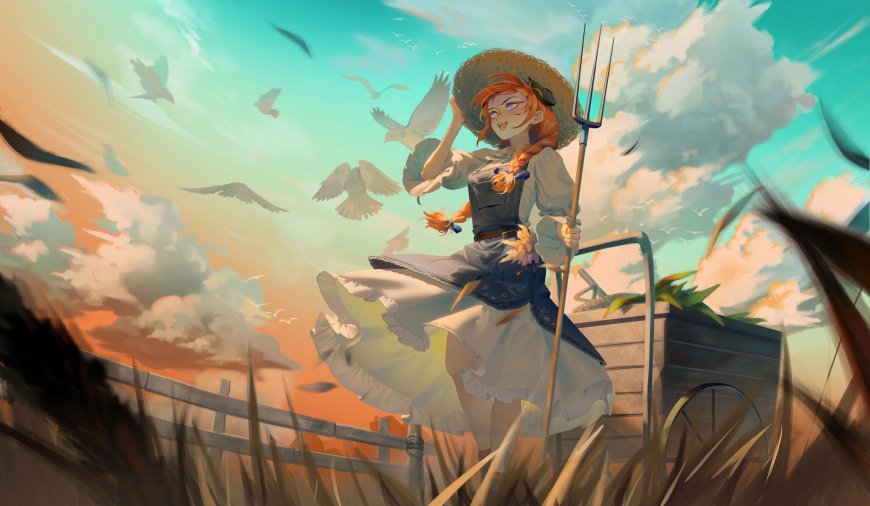 红发少女草帽持叉田间跃起蓝橙渐变动漫电脑壁纸