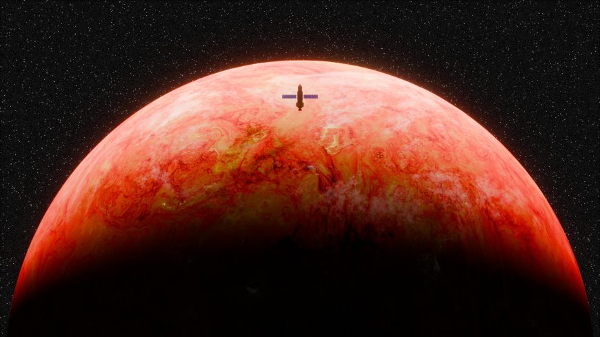 红色星球表面卫星环绕暗红太空科幻电脑壁纸