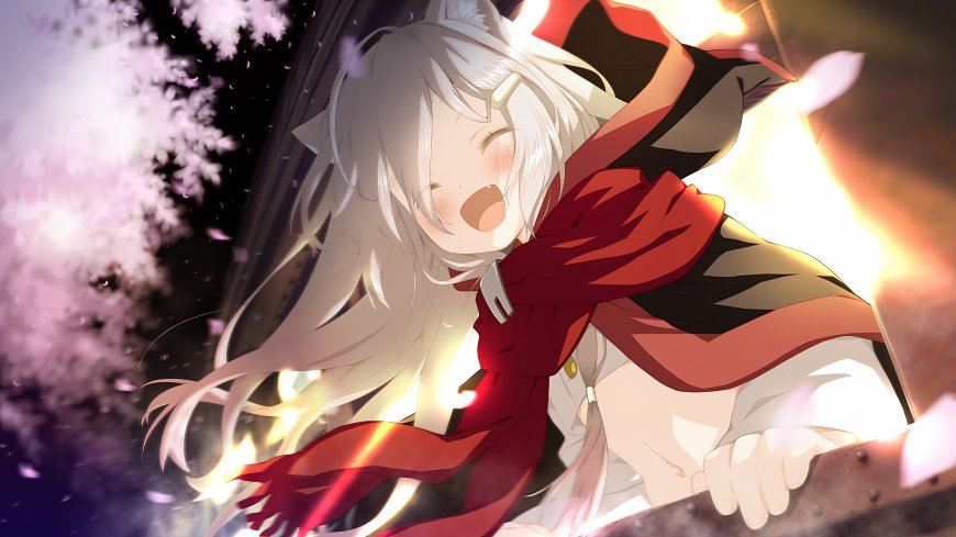 樱花萌放小黑白发猫耳红围巾樱花瓣Galgame电脑壁纸