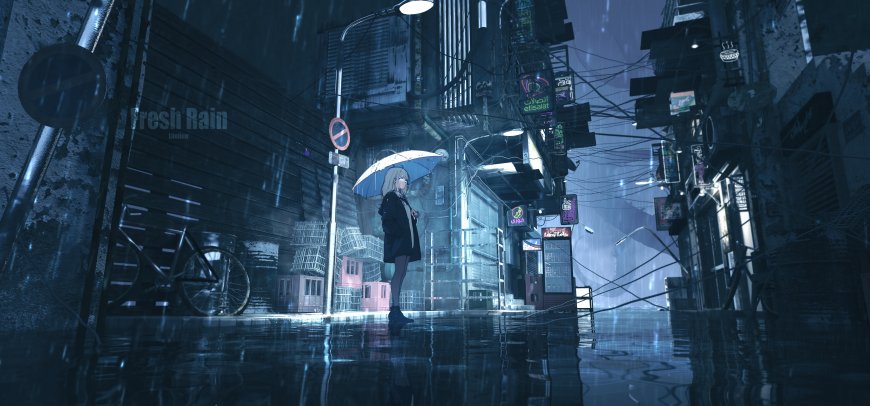 赛博朋克雨夜街道银发少女撑伞蓝紫科幻动漫电脑壁纸
