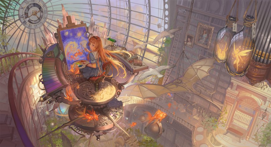 红发少女图书馆中绘画星夜画作暖金奇幻动漫电脑壁纸