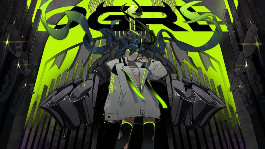 初音未来联动角色蓝发绿瞳霓虹风动漫电脑壁纸