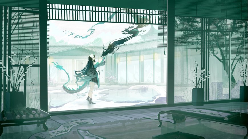 古风少女伸手指引青龙腾空青绿水墨动漫电脑壁纸