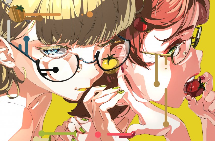 动漫少女戴眼镜手持番茄黄绿背景创意插画电脑壁纸