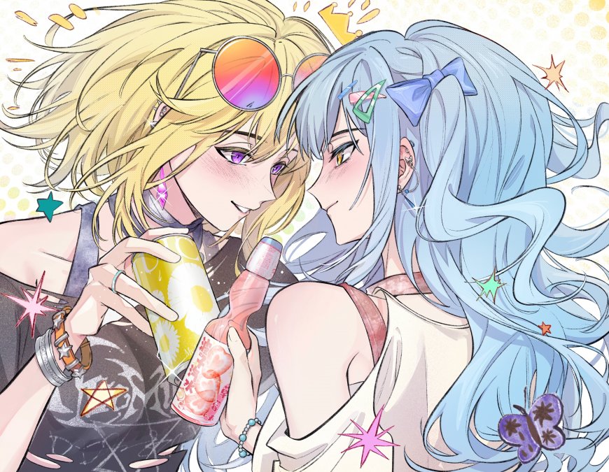 动漫角色金发少女蓝发少女共饮饮料粉紫星光唯美动漫电脑壁纸