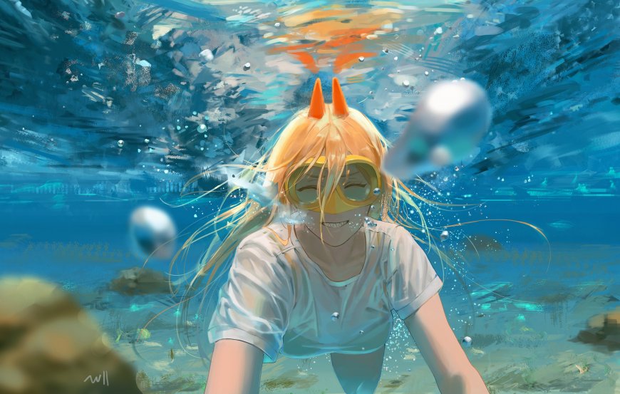 金发双角少女潜水镜水下畅游动漫电脑壁纸