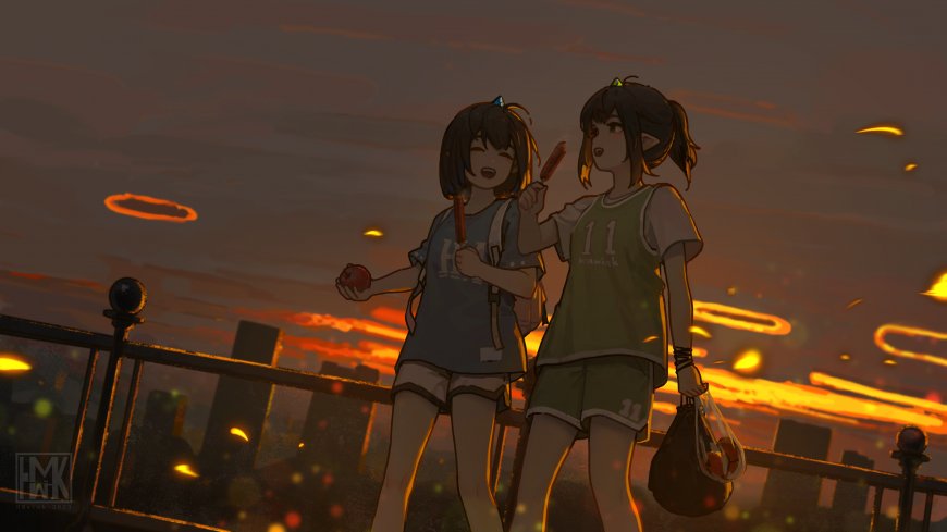 两位黑发少女桥边吃冰棍暖橙动漫电脑壁纸