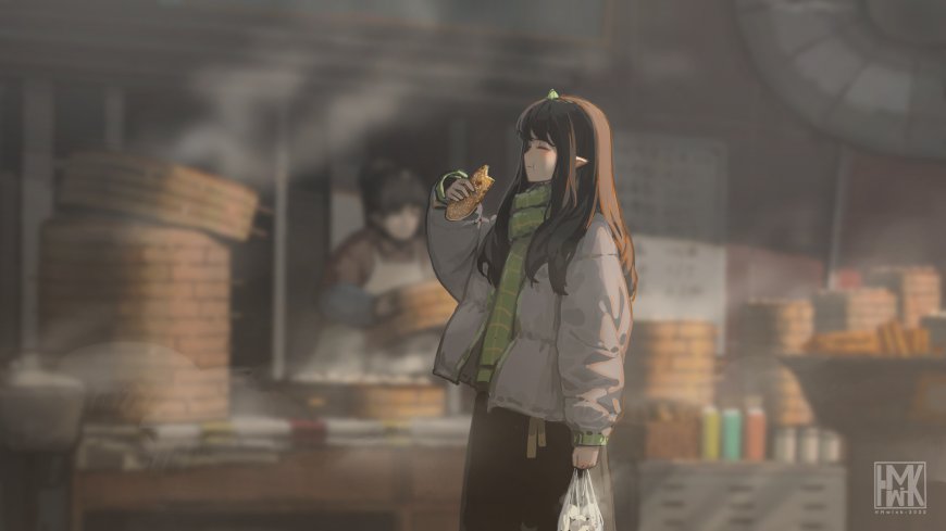 街头小吃摊前黑发精灵耳少女手持食物微笑灰绿暖调动漫电脑壁纸