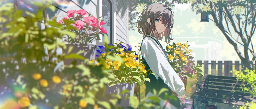 动漫少女庭院捧花绿意盎然清新唯美电脑壁纸