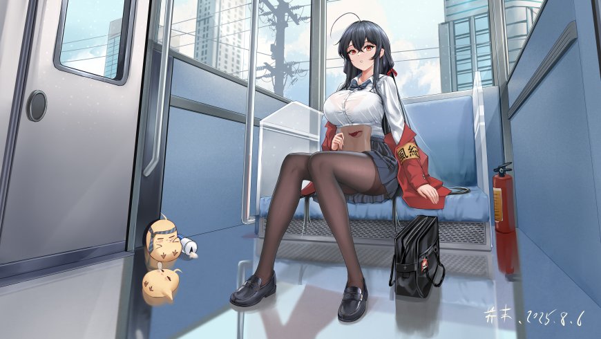 地铁车厢黑发红眼制服少女黑丝坐姿动漫电脑壁纸