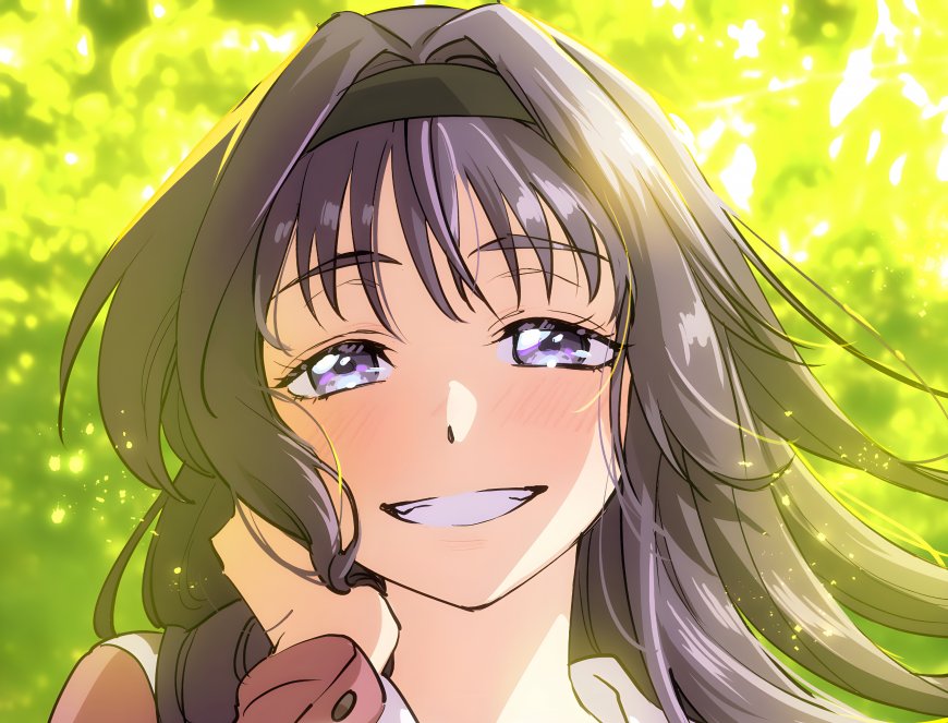 动漫少女灰紫长发微笑带泪光黄绿背景唯美动漫电脑壁纸