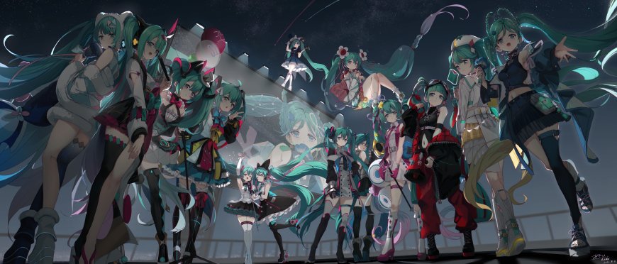 初音未来多造型同框青绿双马尾少女群像蓝紫梦幻动漫电脑壁纸