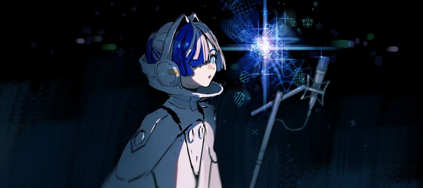 蓝发少女戴耳机凝望光效科技感蓝黑动漫电脑壁纸